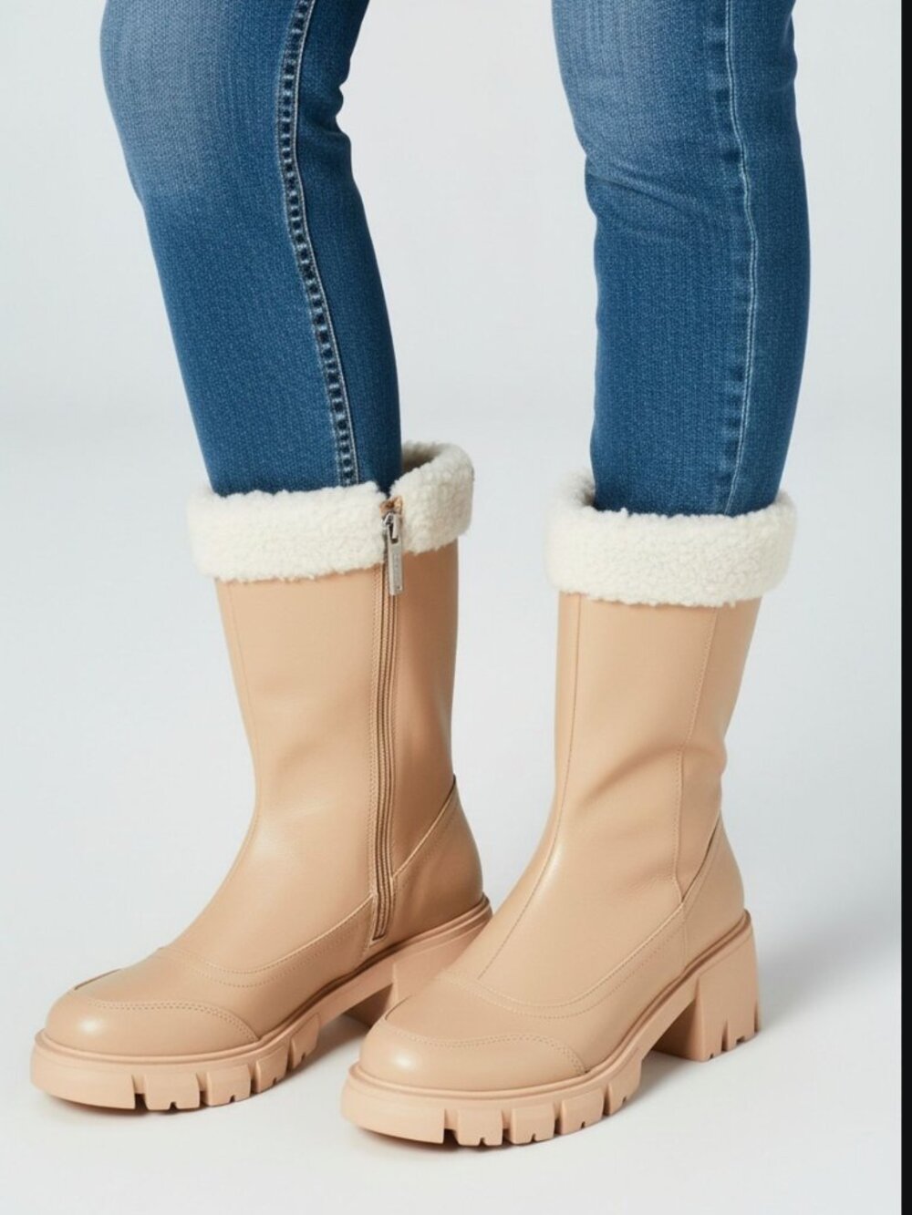 Chunky Sole Faux Leather Mid-Calf Boots With Shearling Trim Nude Color